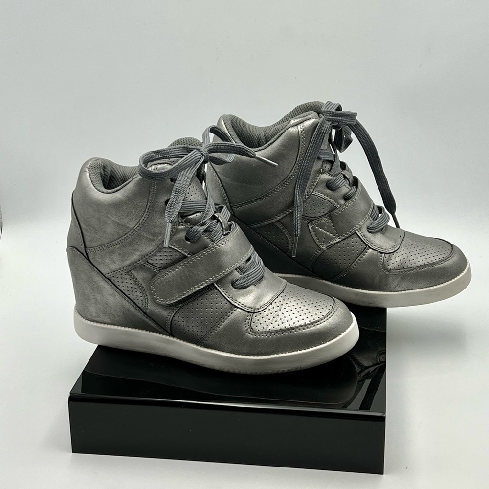 Silver wedge sneakers by Shoe Dazzle